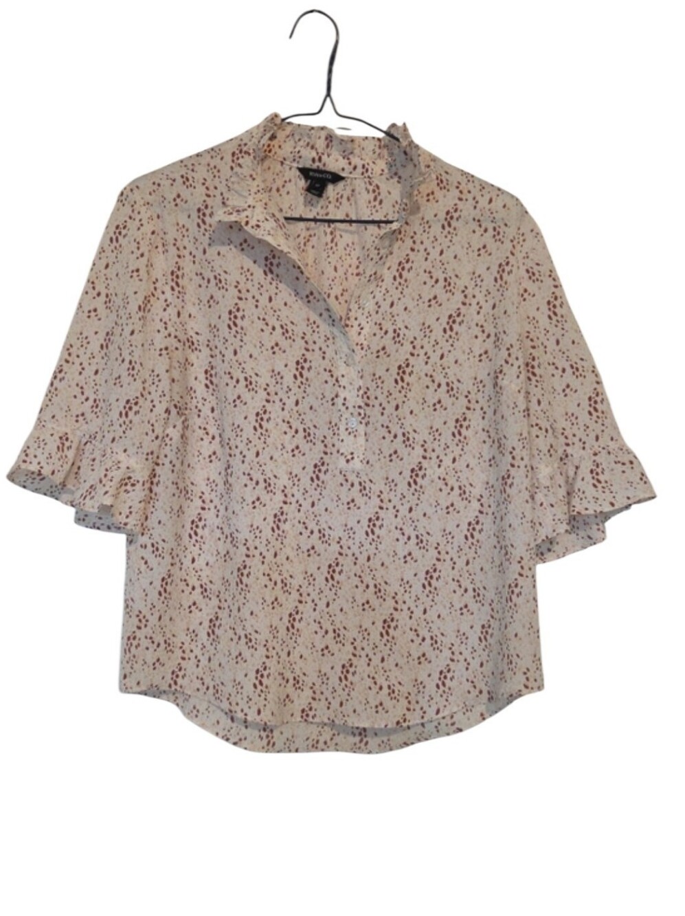 RW&CO. Ruffle Neck Short Sleeve Blouse Patterned Cream Pink